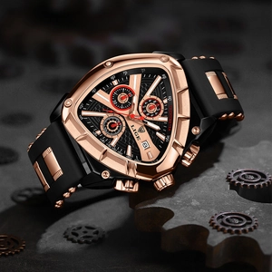 Men's triangular quartz watch with rose gold case, luminous dial and black silicone strap