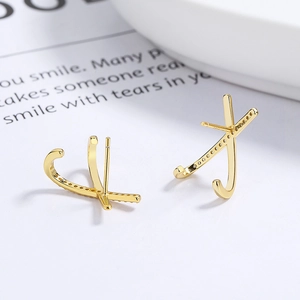 Elegant 925 sterling silver gold-plated X-shape crisscross stud earrings with pavé zircons