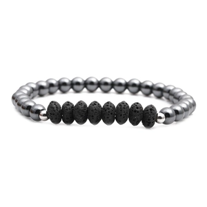 Lava stone and hematite bead bracelet featuring textured black and metallic grey stones