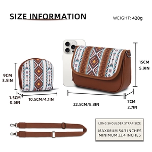 Size specifications for bohemian canvas crossbody bag and matching coin purse set