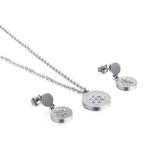 Silver stainless steel jewelry set featuring Roman numeral circular pendant with crystals