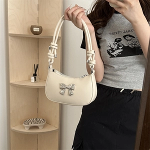 Women bow-knot shoulder bag in cream white PU leather with knotted strap detail