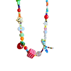 Colorful baroque pearl necklace with resin charms including smiley star and strawberry