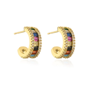 Macro detail of 18K gold-plated C-shaped earrings with colorful rectangular zircons