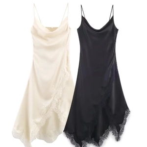 Women Satin Slip Dress Lace Trim V Neck Spaghetti Strap Asymmetric Hem Elegant Party Midi Dresses