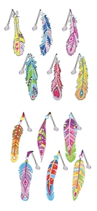 Detailed set of 12 feather-shaped diamond painting bookmarks with crystals and metal hooks