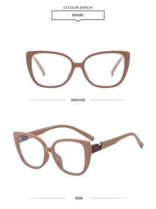 Cat eye glasses frame in khaki with split-screen view showing front and side metal details