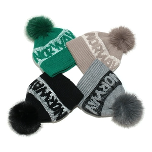 Norway jacquard knit beanies with faux fur pom-poms in four colors for outdoor winter skiing