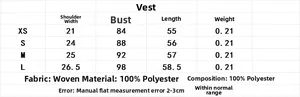 Size chart detail for velvet vest showing measurements for XS to L sizes
