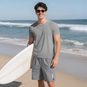 Men's grey slim-fit breathable sports t-shirt and shorts set for summer beach fitness