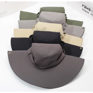 Detail showing five colors of wide brim outdoor sun hats with adjustable chin straps