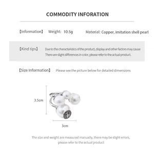 Size chart showing silver Greek key ring with pearls and dimensions of 3.5cm by 3cm
