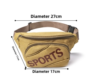 Detailed size chart of the mustard yellow canvas waist bag showing 27cm by 17cm dimensions