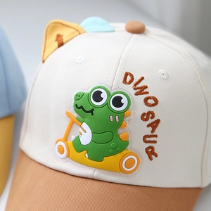 Kids dinosaur baseball cap with 3D cartoon pattern and beige brown color blocking