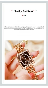 Detail of rose gold square watch featuring a faceted crystal lens and diamond accents