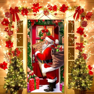 Christmas Door Banner Santa Claus Print Polyester Festive Front Porch Hanging Flag Garden Outdoor Holiday Decoration