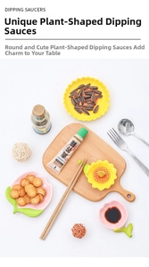 Close-up of tulip and sunflower ceramic condiment dishes on a dining table setup