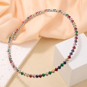 Square Zircon Copper Choker Necklace For Women Colorful Rainbow Cubic Zirconia Tennis Chain Elegant Jewelry Gift