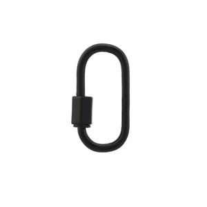 Detail of a black metal screw lock carabiner showing the threaded closure mechanism