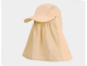 Beige outdoor sun hat with protective face mask, neck cover and breathable mesh panels
