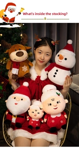 Detailed view of plush Santa, snowman, and reindeer toys for Christmas holiday decor