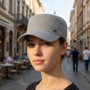 Men's light gray flat top cap with textured fabric and metal logo for sun protection