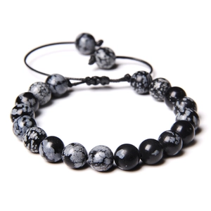Handmade ethnic snowflake obsidian beaded bracelet with adjustable black wax rope