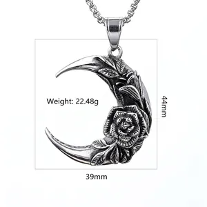 Gothic crescent moon rose pendant with 44mm height and vintage silver punk finish