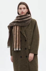 Close-up of knit striped scarf with fringe paired with an olive green wool coat
