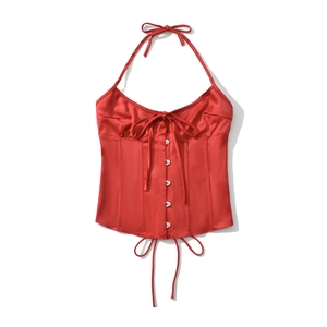 Top a corsetto rosso in raso con scollatura all'americana e chiusura frontale busk