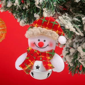 Detail of Christmas snowman ornament with red plaid hat and silver metal star bell