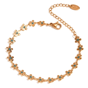 18K gold plated flower chain bracelet with blue enamel petals and lobster clasp
