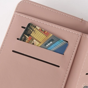 Pink stone pattern PU leather long wallet featuring multiple card slots and interior detail