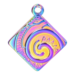 Macro shot of a square stainless steel pendant with rainbow plating and solar texture