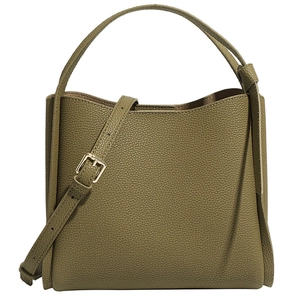 Minimalist green lychee grain leather bucket bag with gold hardware and knotted handle
