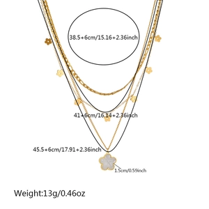 Three-layer gold plated stainless steel necklace with floral pendants and size details