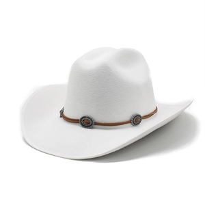 Detail of white felt cowboy hat featuring a brown leather band and silver conchos