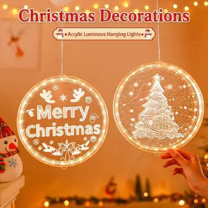 Christmas LED Acrylic Hanging Light Battery Operated Round Window Sucker Lamp Warm White For Home Party Wall Decor