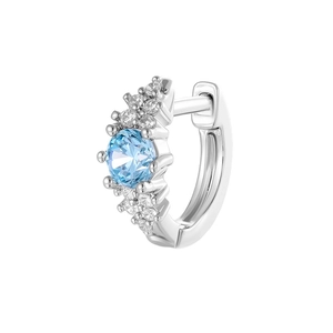 Elegant silver hoop earring with light blue gemstone and zircon accents on white background
