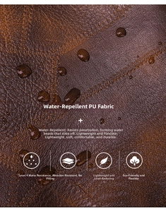 Makroaufnahme der braunen, wasserabweisenden PU-Lederstruktur mit Nahtdetails