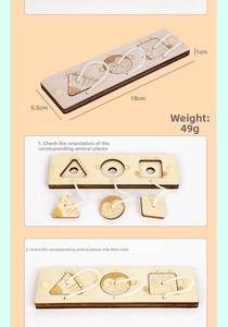 Detailed view of wooden shape matching puzzle toy with dimensions and usage steps