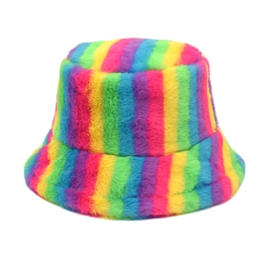 Rainbow Striped Faux Rabbit Fur Bucket Hat Plush Warm Winter Fisherman Hat Colorful Soft Trendy Headwear For Women