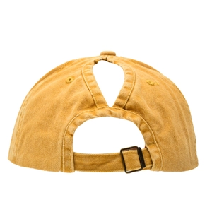 Detail of ginger cotton ponytail baseball cap with criss-cross back and metal buckle