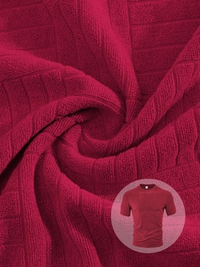 Detailed macro view of high-density textured red knit fabric for men's casual polo shirts