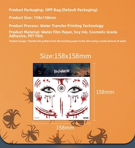 Close-up of 158x158mm waterproof Halloween scar face tattoo stickers with detailed specifications