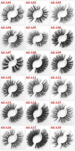 Detail view of 18 styles of 6D faux mink eyelashes from 6D-A01 to 6D-A18 in grid layout