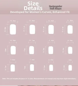 Size chart for 24pcs short square press-on nails showing 12 different width measurements