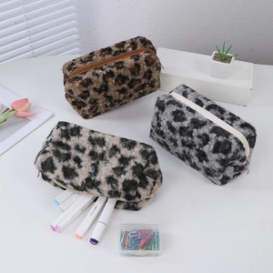 Plush leopard print pencil case and cosmetic bag with zipper for winter school supplies
