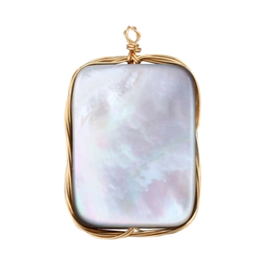 Detailed view of handmade gold wire-wrapped abalone shell pendant with iridescent luster