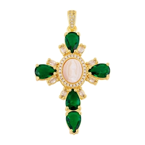 Detail of golden cross pendant with green pear-shaped gemstones and central relief
